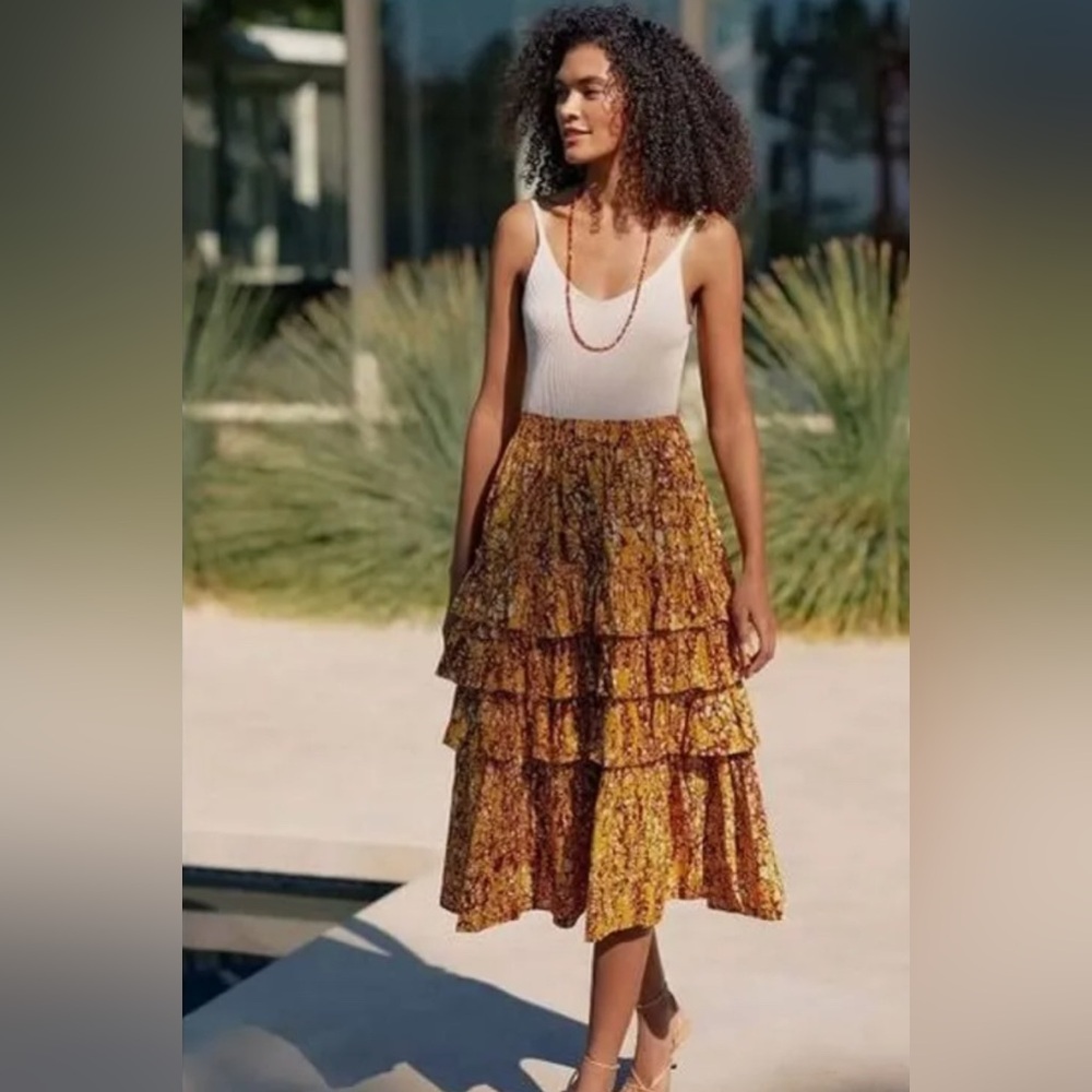 Anthropologie Floral A-Line Midi Tiered Ruffle Skirt Love The Label Size L